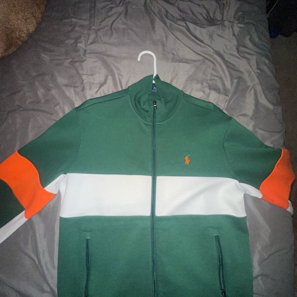 Green orange and white polo set with jacket and matching pants